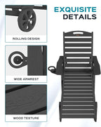 Outdoor Lounge Chair Set of 4, All Weather Patio Chaise Lounge Chair for Outside, HDPE Chair with Rolling Wheels & Cup Holder, 5 Position, Deck, Pool, Black