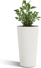 FONTOI 23.6" Tall Planter for Outdoor Plants Set of 2 Large Outdoor Plastic Striped Flower Pots, Front Porch Furniture, Garden Pots, Decorative Planters for Indoor/Outdoor, Patio, Balcony, White