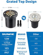 SUNVIE 12W Low Voltage Landscape Lighting Anti-Glare LED Well Lights(Grated Top) 12V-24V Waterproof Outdoor In-Ground Lights 3000K Landscape Lighting for Garden Yard Pathway 6 Pack with Connectors