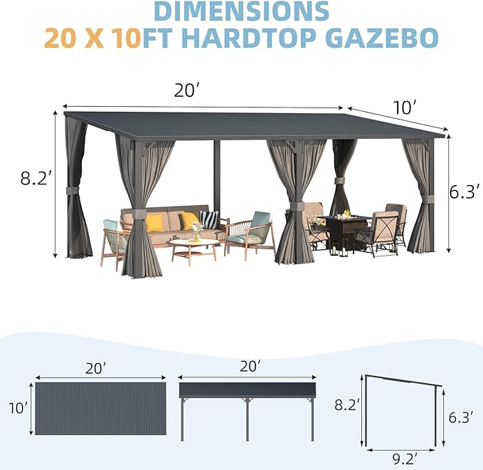 AECOJOY 20'x10' Outdoor Hardtop Metal Gazebo with Curtains and Netting for Patio, Large 10x20 Lean to Heavy Duty Wall Mounted Pergolas and Grill Gazebos Clearance, Patio Steel Roof Awnings for Decks