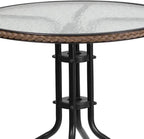 Flash Furniture Lila 28'' Round Glass Metal Table with Dark Brown Rattan Edging and 2 Dark Brown Rattan Stack Chairs