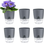ShineMe Self Watering Flower Pots, 4.1 Inch Self Watering Planters for Indoor Plants, 6 Pack Plastic Plant Pots for African Violets, Herbs, Aloe, Peace Lily with Absorbent Cotton Rope (Gray)