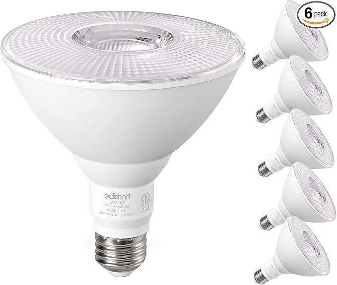 EDISHINE Flood Lights Outdoor, Dimmable PAR38 LED Outdoor Flood Light Bulbs, 120W Equivalent, IP65 Waterproof for Yard, Garage, Porch, 5000K Daylight White, 18W 1800LM, E26 Base, 6 Pack ETL Listed