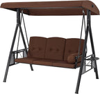 U-MAX 3-Seat Porch Swing Chair Steel Frame, Patio Swing Chair with Stand and Removable Cushions, Outdoor Canopy Swing Chair for Outside, Backyard, Garden, Brown Cushion