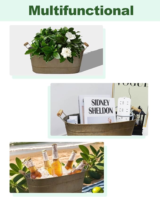 vensovo 15 Inch Galvanized Planters for Outdoor Plants - 3 Pcs Rustic Large Metal Flower Buckets with Drainage & Plug, Farmhouse Style Oval Planter Containers with Handles, Great for Home Decor