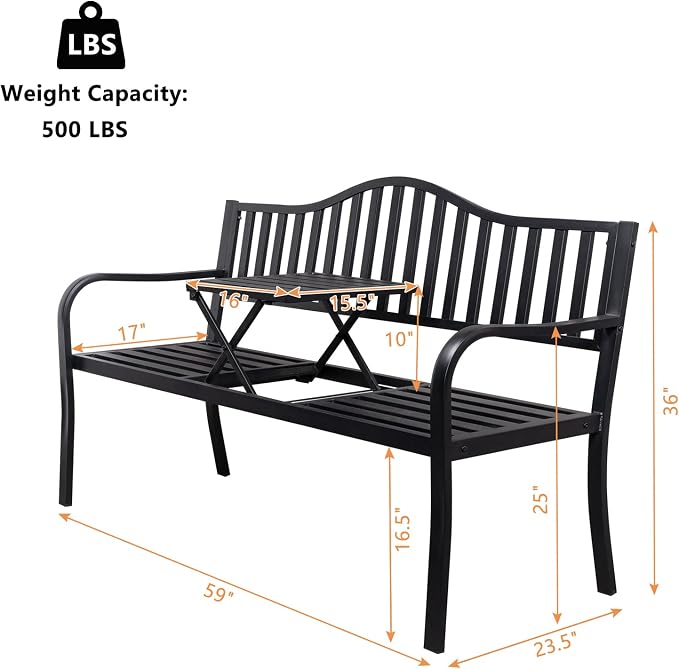 Metal Patio Bench with Fold-Down Middle Table, Black, 59-Inch