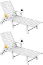 Carauci Lounge Chair Outdoor Set of 2, HDPE Chaise Lounge with Wheels, 5-Position Adjustable Backrest & 2 Cup Holders Patio Lounge Chair, All-Weather Pool Sun Lounger for Poolside, Backyard, White