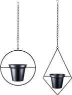 Metal Hanging Planters, Modern Plant Hanger with 5 inch Flower Pot, Set of 2 Black Plant Holder in Diamond and Round Shape, Small Wall and Ceiling Planter for Indoor Plants, Home Décor