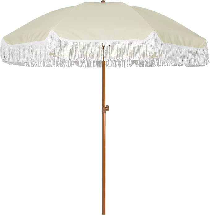 AMMSUN 7ft Patio Umbrella with Fringe Outdoor Tassel Umbrella UPF50+ Premium Steel Pole and Ribs Push Button Tilt, Light Beige