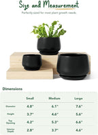 LE TAUCI Plant Pots, 4.1+5.1+6.5 inch, Set of 3, Ceramic Planters with Drainage Hole and Saucer, Indoor Flower Pot with Hole Mesh Pad, Gifts for Mom, Black