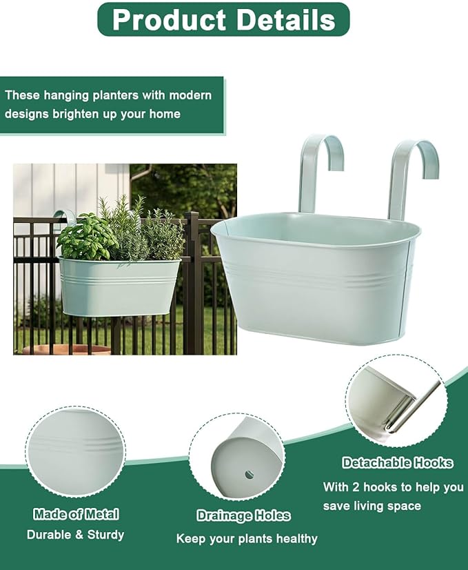 vensovo Metal Railing Planter for Outdoor Plants - 3 Pack Balcony Hanging Planter Box with Detachable Hooks and Drain Holes Oval Hanging Pots Fence Planters for Railing Garden Fence, Green