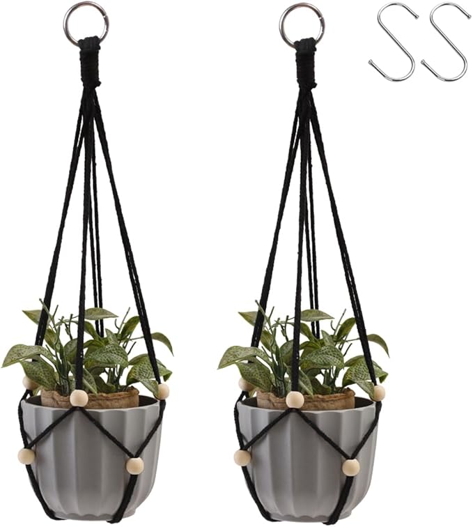 Artilady Black Hanging Planter for Indoor Plants Macrame Plant Hanger Large Hanging Plant Holder Basket with Adjustable Beads Outdoor Window Boho Plant Wall Decor (Black Bead-2pcs)
