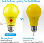 TORCHSTAR Yellow Dusk to Dawn Light Bulbs Outdoor, Sensor A19 LED Light Bulb, Auto On/Off Photocell Automatic for Outdoor Lighting, UL FCC DOE, 2700K, Pack of 4