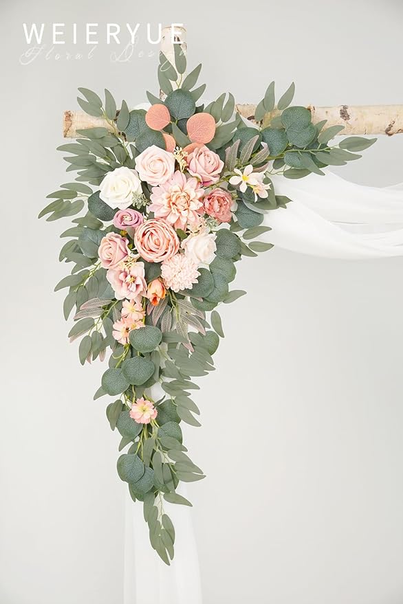 Artificial Flowers Wedding Arch Swag Kit, Pink with White Chiffon Drape
