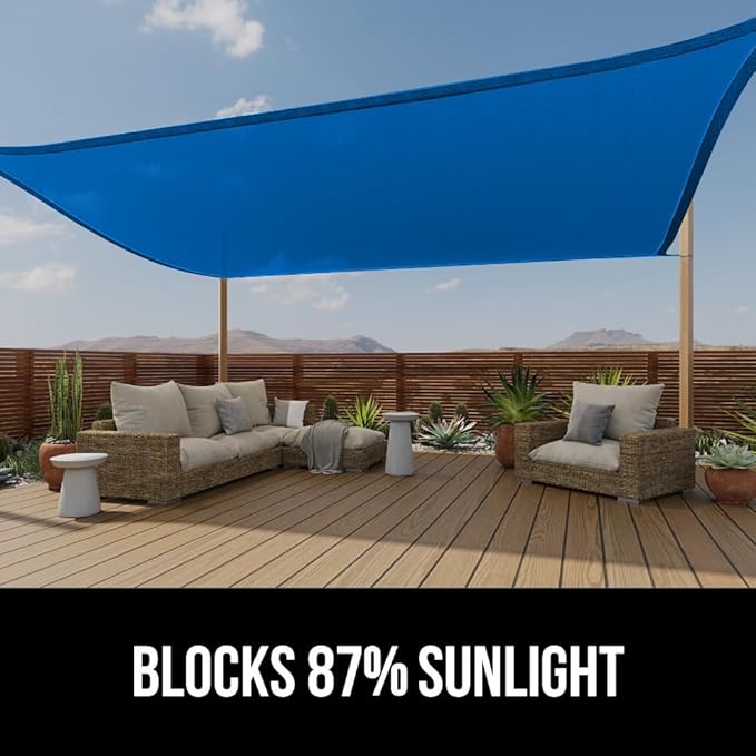 GORILLA GRIP Heavy Duty Sun Shade, UV Protection Fade Tear and Rust Resistant Rectangle Sunshade Canopy, Curved Edges Blocks Sunlight, Breathable Sail, Outdoor Patio, Lawn Garden 12x12 FT Blue