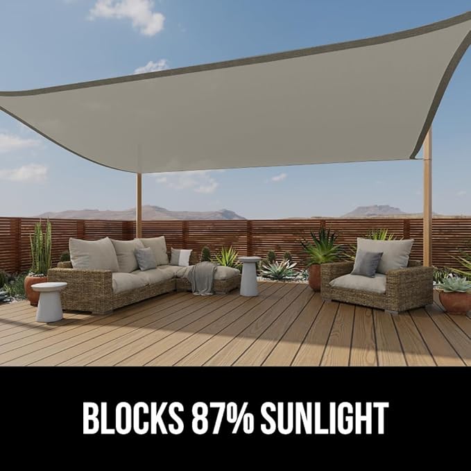 GORILLA GRIP Heavy Duty Sun Shade, UV Protection Fade Tear and Rust Resistant Rectangle Sunshade Canopy, Curved Edges Blocks Sunlight, Breathable Sail, Outdoor Patio, Lawn Garden 12x16 FT Gray