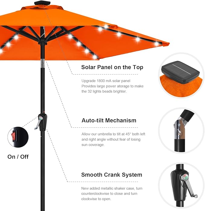ABCCANOPY Durable Solar Led Patio Umbrellas with 32LED Lights 7.5FT (Orange)