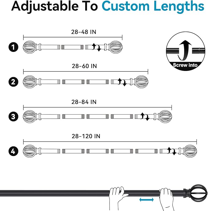Black Curtain Rods for Windows 28 to 48 Inch, 5/8" Diameter Heavy Duty Metal Adjustable Small Drapery Rod With Bracket