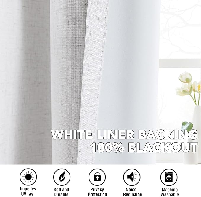 H.VERSAILTEX Linen Curtains 100% Blackout Curtains for Bedroom 102 inch Long Full Light Blocking Nature Linen Blended Window Curtains for Living Room Nickel Grommet (2 Panels, Heathered White)