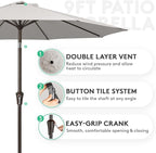 JEAREY 9FT Outdoor Patio Umbrella Outdoor Table Umbrella with Push Button Tilt and Crank, Market Umbrella 8 Sturdy Ribs UV Protection Waterproof for Garden, Deck, Backyard, Pool (Fog Gray)