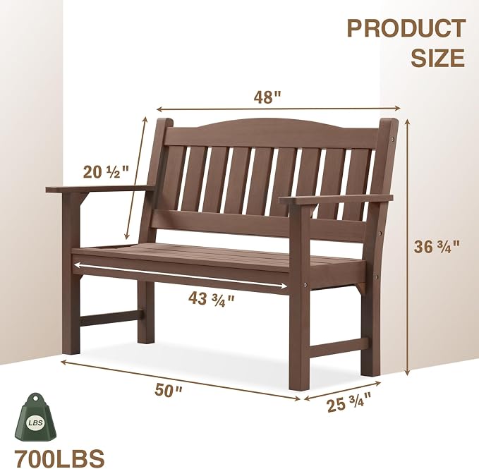 Outdoor Bench, 2-Person Brown Poly Lumber, All-Weather Rustic Garden Seat