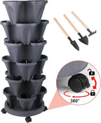 DUNCHATY Stackable Planter, Vertical Garden Planter with Wheels and Tools, Self Watering Strawberry Planter Indoor/Outdoor 6 Tier Herb Planter Pots for Growing Vegetables and Succulents, Dark Gray