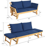 Tangkula Acacia Wood Patio Convertible Couch Sofa Bed with Adjustable Armrest, Outdoor Daybed with Cushion & Pillow, Turquoise & Navy Cushion Cover Sets, Folding Chaise Lounge Bench Ideal for Porch