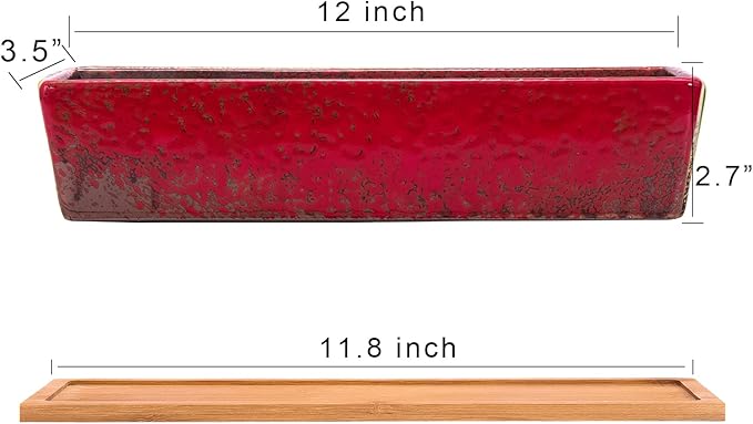 Succulent Pots - Large Succulent Planter Pots with Drainage, 12 Inch Long Rectangle Bonsai Pot with Bamboo Tray Shallow Ceramic Cactus Flower Planter Window Box for Home Garden Decor (Red)