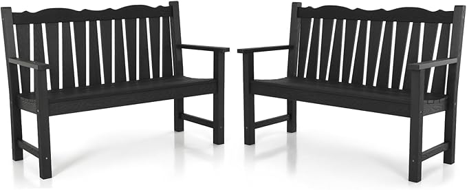 Outdoor Bench Set of 2, Weatherproof Garden Benches for Outdoors, All Weather HIPS Patio Bench Holds up to 800lbs, Never Rot or Fade, Comfort Bench for Porch Garden Patio Yard and Park(Black)