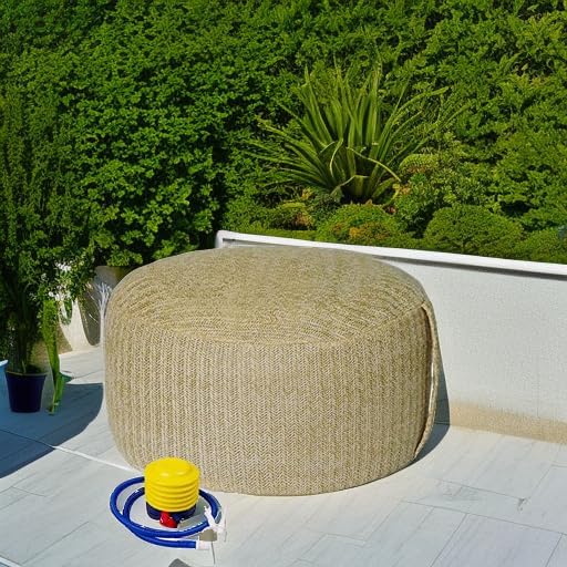 Woven Inflatable Ottoman with Air Pump D21”x H10” Outdoor Indoor Pouf Patio Footrest Stool with Portable Handle, Round Ottoman for Patio Garden, Camping, Bedroom, Living Room Natural Color