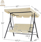 AECOJOY Porch Swing with Stand, 3-Seat Outdoor Clearance Porch Swings for Adults, Outdoor Patio Swing with Adjustable Canopy & Removable Cushion for Backyard, Garden, Balcony, Beige