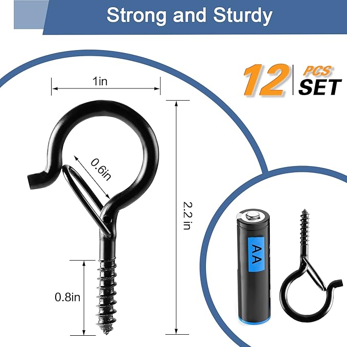 ADIIL 12 PCS Q Hanger Hooks with Safety Buckle, Windproof Screw Hooks for Hanging Outdoor String Lights, Plants, Christmas Patio Lights, 2.2 Inches, Black