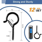 ADIIL 12 PCS Q Hanger Hooks with Safety Buckle, Windproof Screw Hooks for Hanging Outdoor String Lights, Plants, Christmas Patio Lights, 2.2 Inches, Black