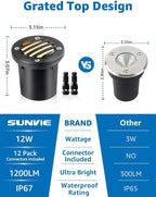 SUNVIE 12W Low Voltage Landscape Lighting with Connectors 1200LM Ultra Bright Well Lights Landscape LED In Ground Waterproof Outdoor Warm White Paver Lights for Garden Yard Driveway 12 Pack