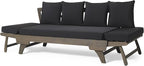 Merax Outdoor Patio Daybed Sofa,3-Seat Sofa with Foldable Arm 4 Back Pillows,Teak Acacia Wood Frame Beige Removable Cushion,Grey+Black