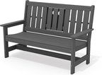 SERWALL Outdoor Bench with Cup Holder, 58" HDPE Garden Park Bench Suitable for 3 Person, All Weather Patio Benches with High Backrest and Wide Armrests for Garden, Park, Yard, Front Porch, Grey
