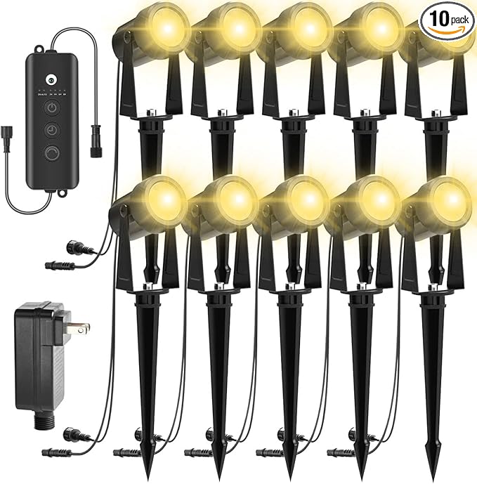 ZYAN Landscape Spotlights with Sensor, 5 Lighting Modes for Brightness Adjustment, Dimmable Timer Auto On Off, Low Voltage Outdoor IP65 Waterproof for Patio Yard Garden Pathway, Warm White (10 Pack)