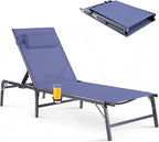 Foldable Chaise Lounge Chair with Cup Holder, Assemble-Free Outdoor Lounge Chair with Detachable Pillow and 6 Adjustable Backrest, Patio Lounge Chair for Outside Poolside Beach Pool, Blue