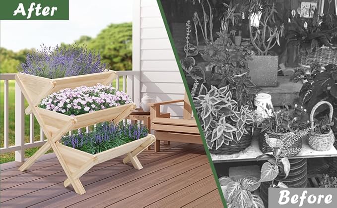 Raised Garden Bed, 3-Tier Vertical Wooden Planter with Legs, Beige