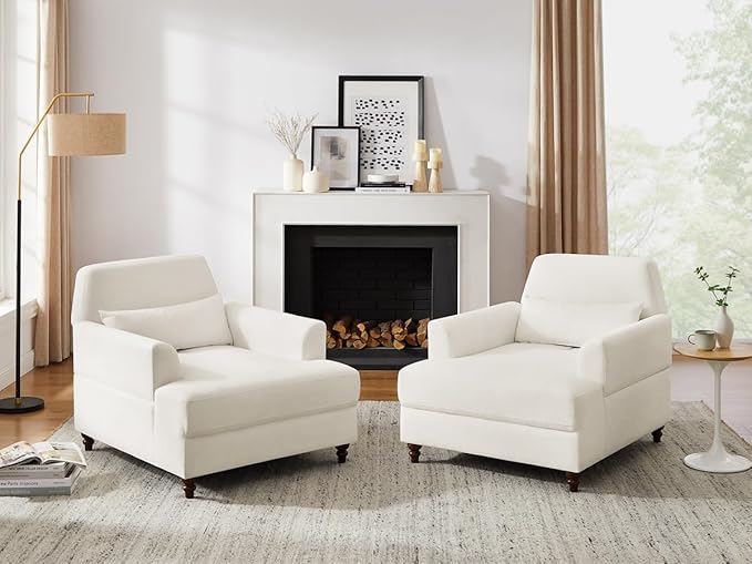 Chaise Lounge Chair Indoor Set of 2, Oversized Accent Chair for Living Room with Adjustable Backrest, Upholstered Mid-Century Reading Armchair for Adults, Comfy Modern Single Sofa Chair for Bedroom