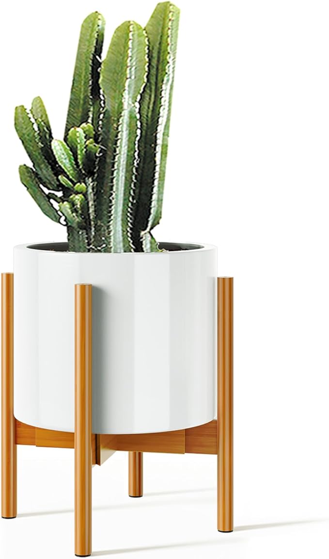 MUDEELA Plant Stand for Indoor Plants: Adjustable Width Fits 8-12 Inch Pots - Mid-century Modern Bamboo Plant Stand - 14.5 Inch Single Tier Small Floor Plant Holder, Pale Brown, 1 Pack (Without Pot)