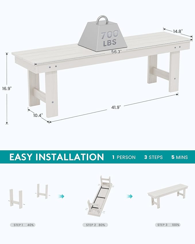 SERWALL 2-Person Outdoor Bench Backless, HDPE Outdoor Benches Weatherproof, 700 Lbs Weight Capacity, Poly Lumber Patio Furniture for Garden, Porch and Park, White