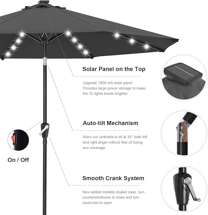 ABCCANOPY Durable Solar Led Patio Umbrellas with 32LED Lights 9FT (Dark Gray)