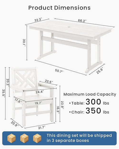 5-Piece Outdoor Dining Set, HDPE All-Weather Patio Table and Chairs Set for 4, Outdoor Patio Furniture Sets with Umbrella Hole for Outside, Deck, Backyard, Garden (White)