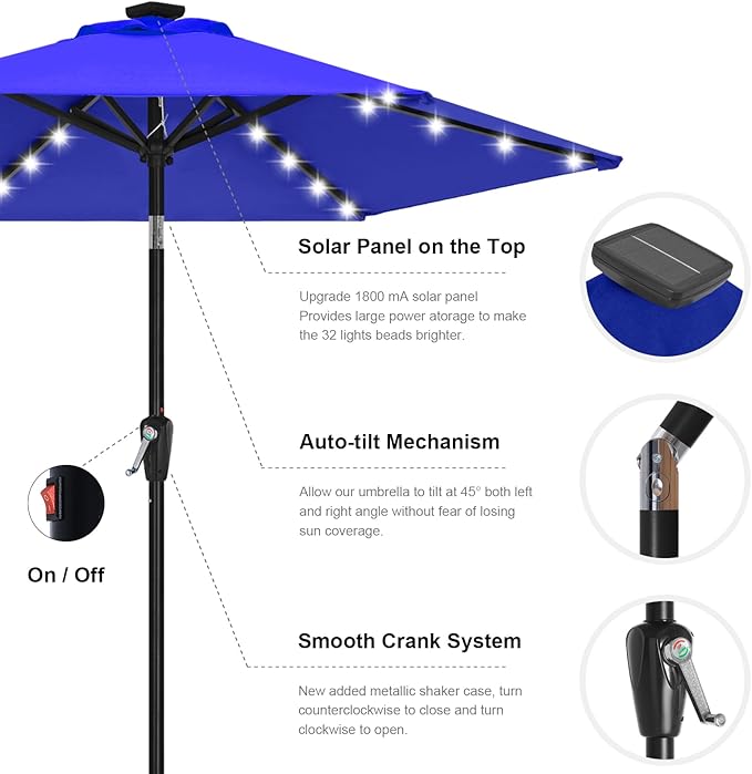 ABCCANOPY Durable Solar Led Patio Umbrellas with 24LED Lights 7.5FT (Royal Blue)