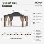 Aoxun 10'x12' Hardtop Gazebo, Aluminum Frame Permanent Pavilion with Light, Curtains and Netting, Outdoor Polycarbonate Gazebo, Double Roof Canopy, for Gardens, Patios, Lawns