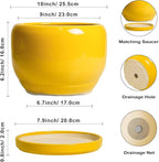 SQOWL 10 Inch Plant Pot - Ceramic Planter with Drainage Hole and Saucer, Modern Large Flower Pot for Indoor Outdoor Plants, Decorative Round Planter, Home Decor, Gifts for Gardeners Woman, Yellow