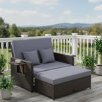 Tangkula Patio Rattan Daybed with 4-Level Adjustable Backrest, Outdoor PE Wicker Loveseat with Storage Ottoman & Folding Side Tray, Double Sunbed Lounger for Balcony, Backyard & Poolside, Grey & Brown