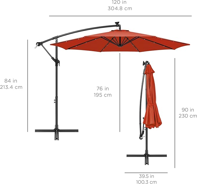 Best Choice Products 10ft Solar LED Offset Cantilever Hanging Market Patio Umbrella, 8 Sturdy Ribs, Easy Adjustment - Rust