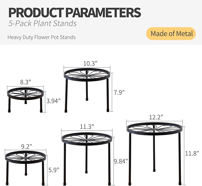 Plant Stand,5 Pack Heavy Duty Flower Pot Stands,Metal Decoration Racks,Round Plant Shelf for Planter Outdoor and indoor (Brown)